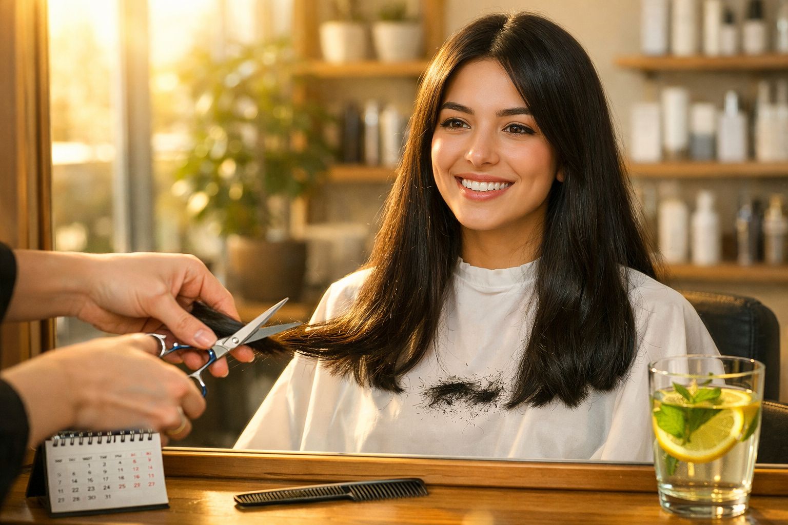 Mulher sorrindo sentada em salão de beleza enquanto cabeleireiro corta suas pontas do cabelo.