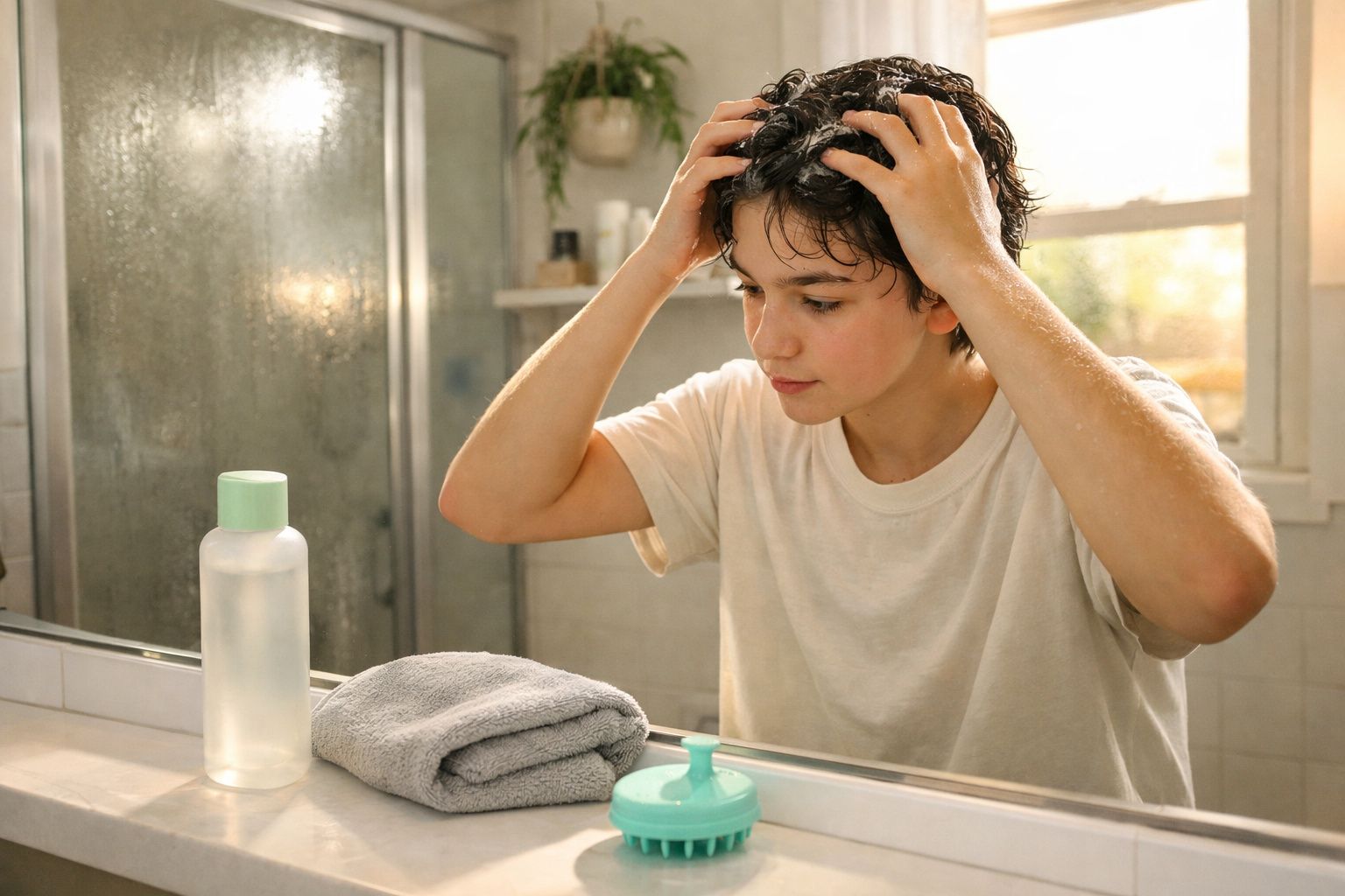 Pessoa com camiseta branca aplicando produto no cabelo em frente ao espelho do banheiro.