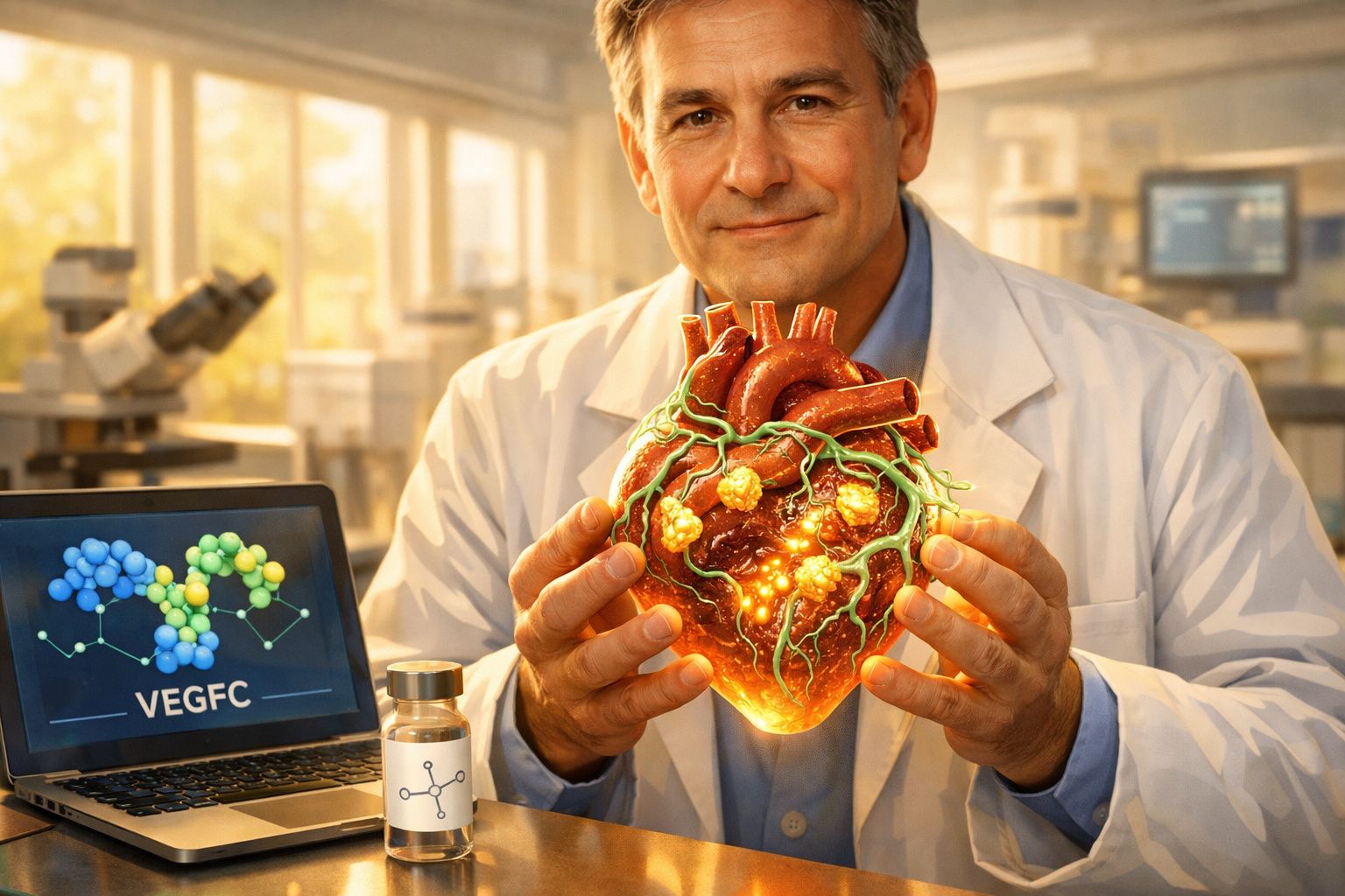 Cientista em jaleco segurando modelo iluminado de coração humano em laboratório com laptop e frasco.