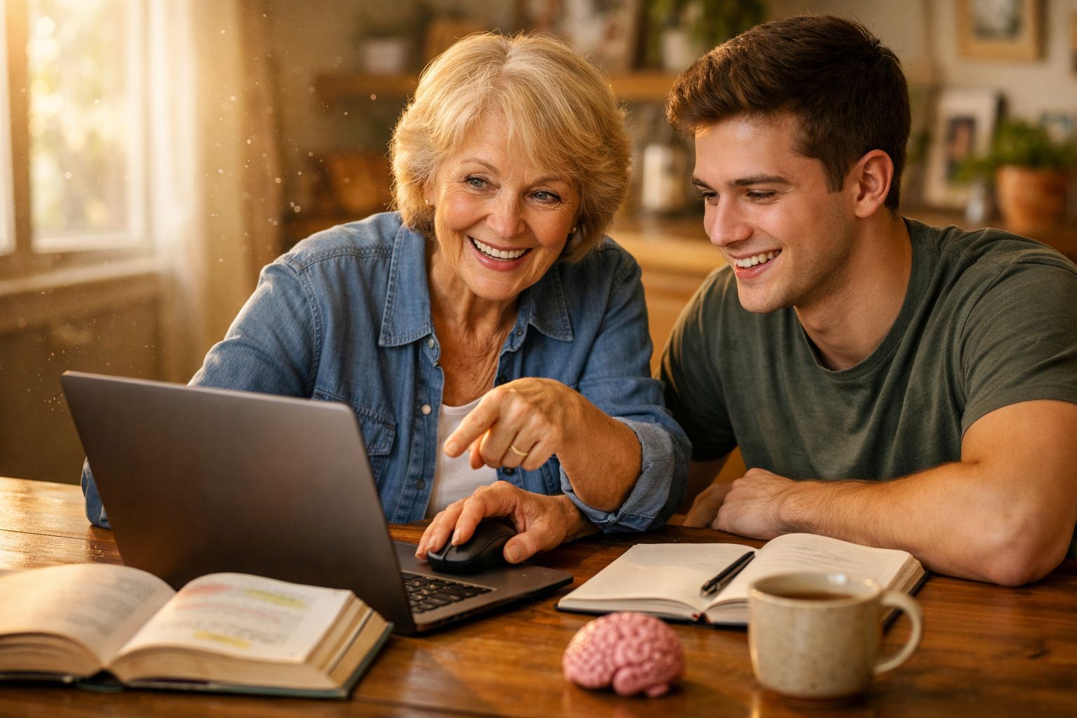 Mulher madura e jovem sorrindo enquanto usam laptop juntos em mesa com livros e xícara.