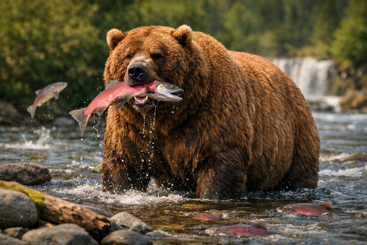 Urso marrom gigante pescando salmão em rio com cachoeira ao fundo.