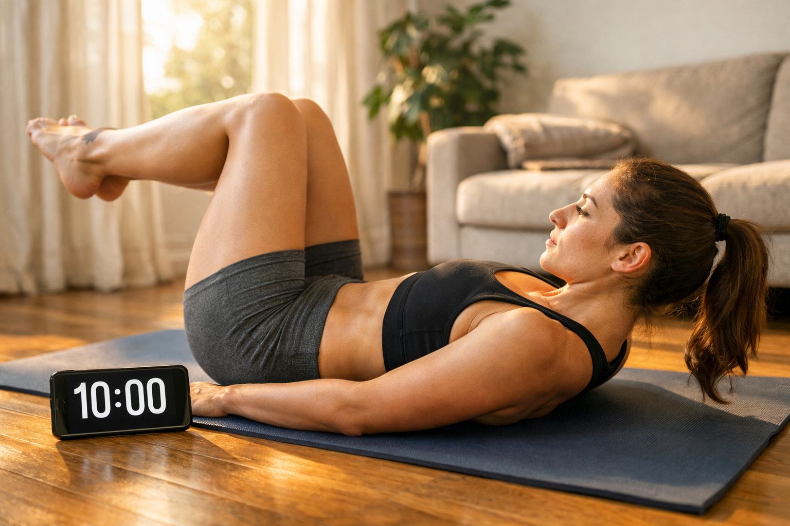 Mulher fazendo exercício abdominal em casa com relógio marcando 10:00 ao lado em tapete de yoga.