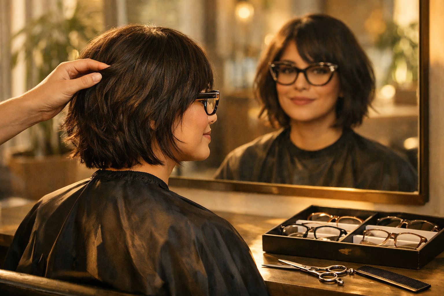 Mulher com cabelo curto e óculos sentada em frente a espelho, sendo atendida por cabeleireiro.