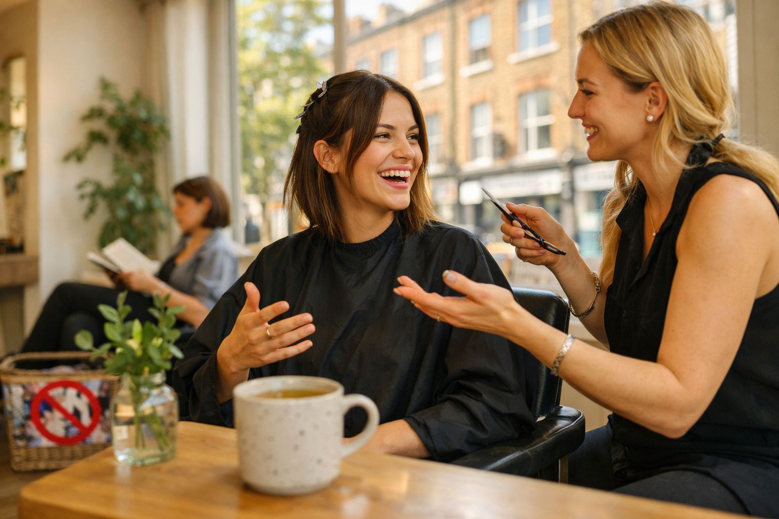 Cliente sorridente conversando com cabeleireira em salão de beleza, com xícara e planta na mesa.