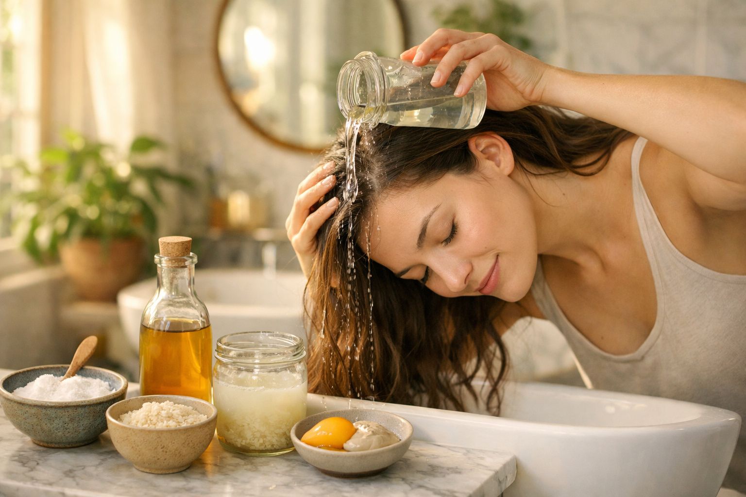 Mulher despejando água na cabeça em frente à pia com ingredientes naturais para cuidados pessoais.