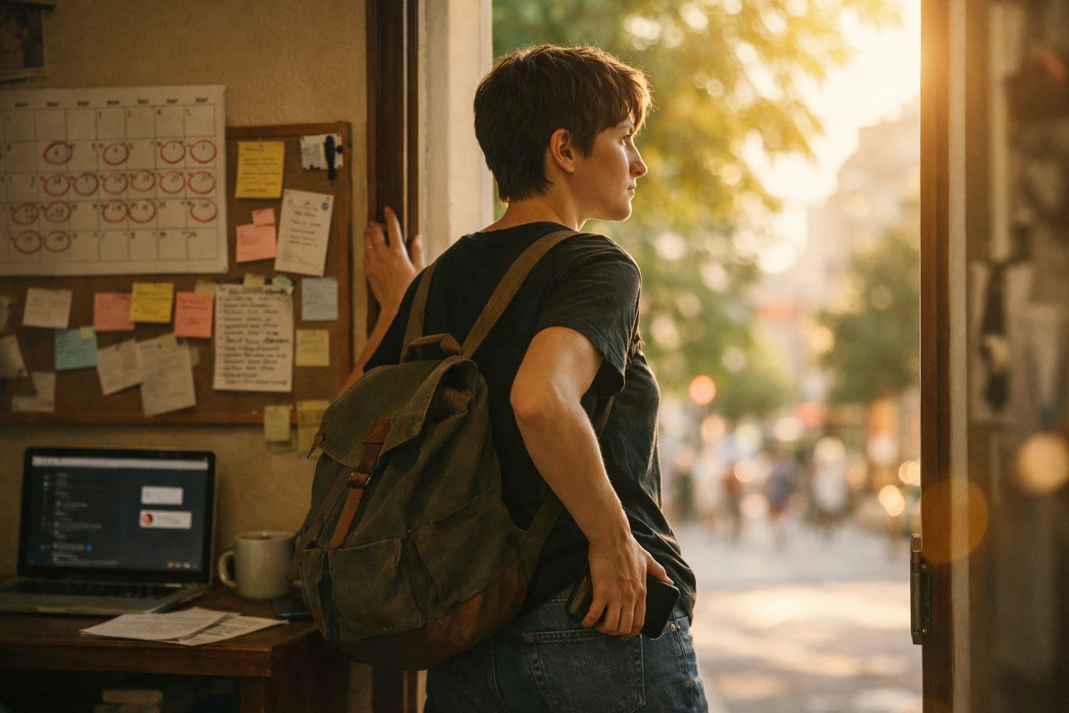 Pessoa jovem com mochila olhando para fora de uma porta iluminada pelo sol ao entardecer.