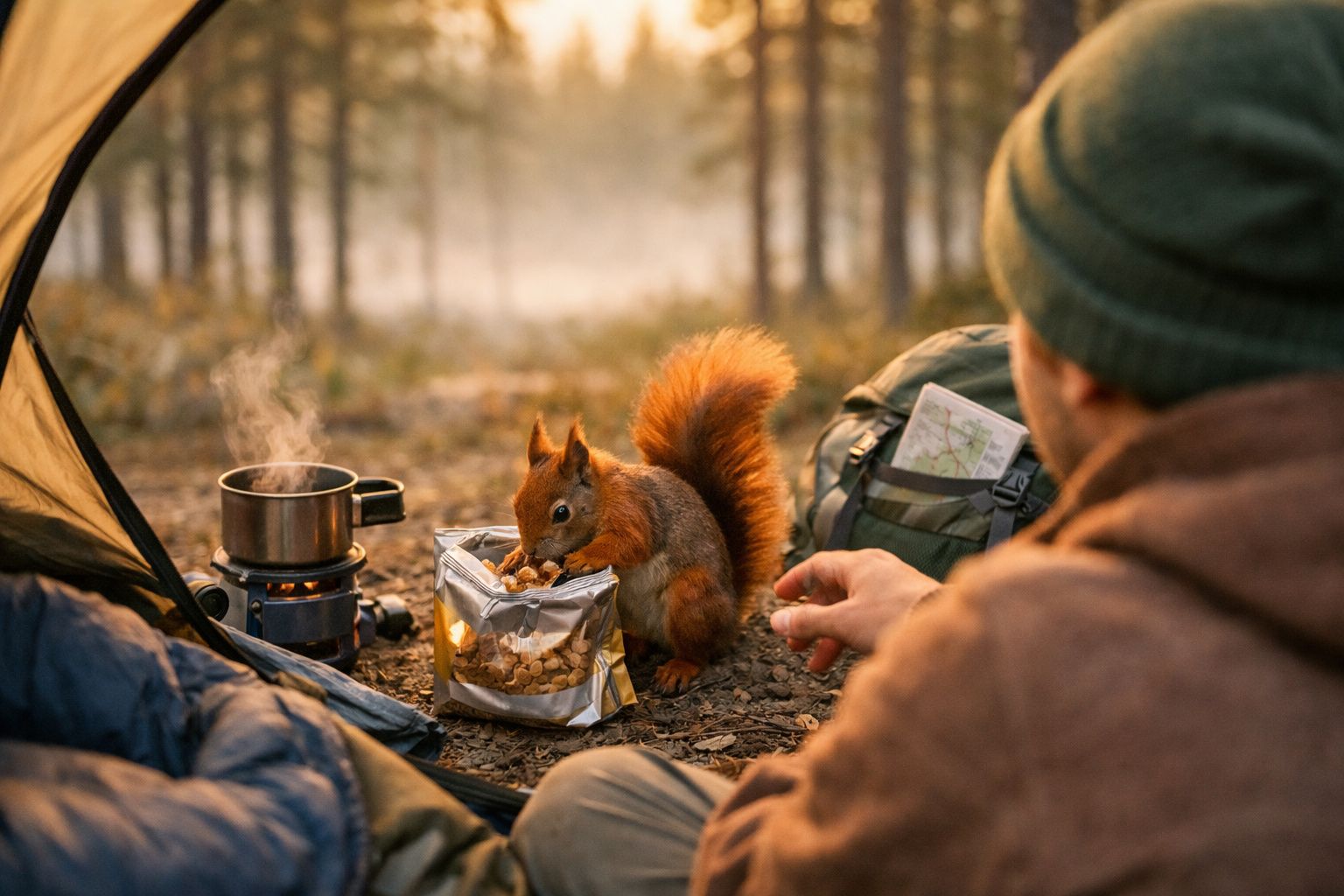 Esquilo comendo petiscos perto de mochila e fogareiro, enquanto pessoa observa dentro de barraca na floresta.