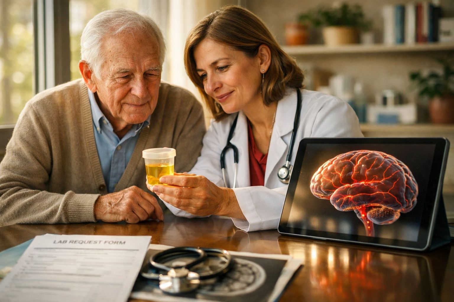 Médica mostrando exame de urina para idoso com imagem do cérebro em tablet ao lado deles.