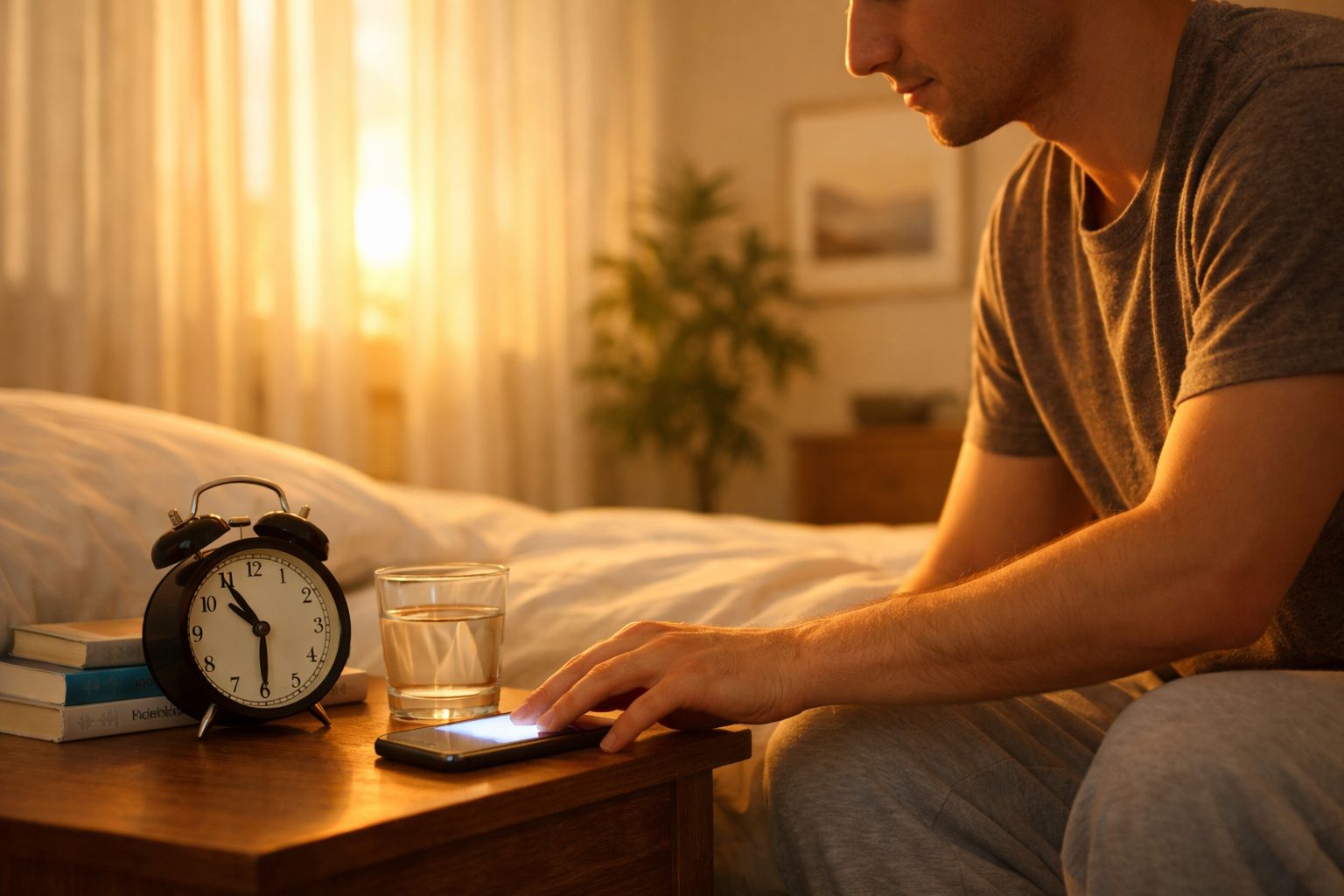 Homem sentado na cama mexendo no celular, com relógio despertador e copo d'água na mesa ao lado.