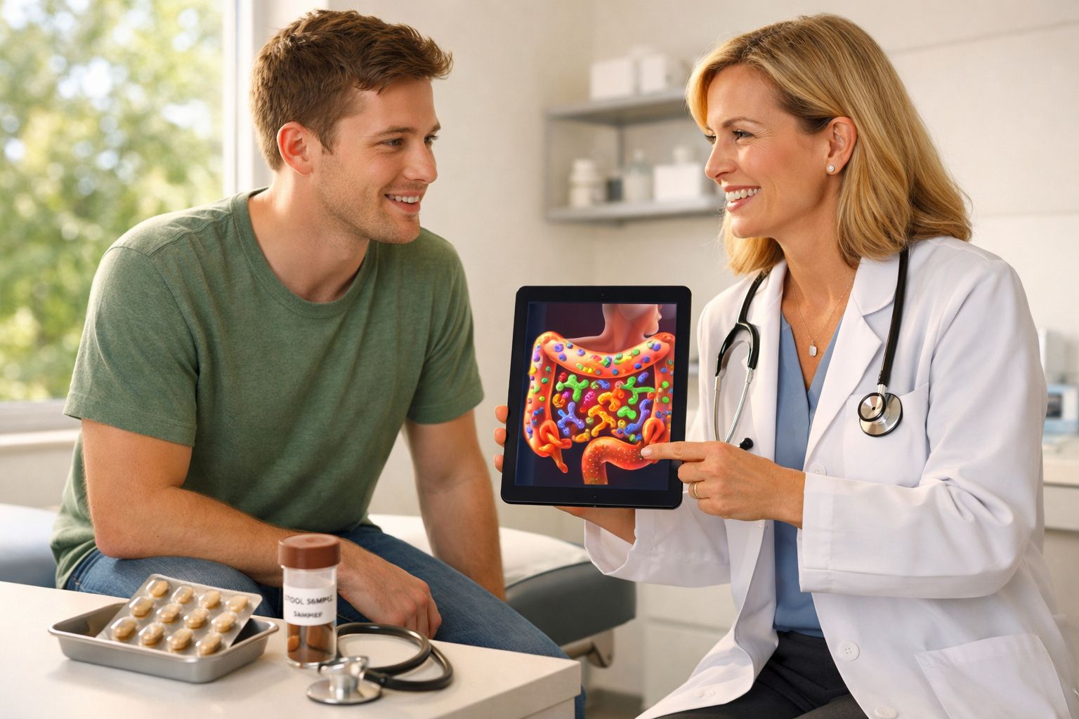 Médica mostrando imagem de intestino com bactérias para paciente durante consulta clínica.