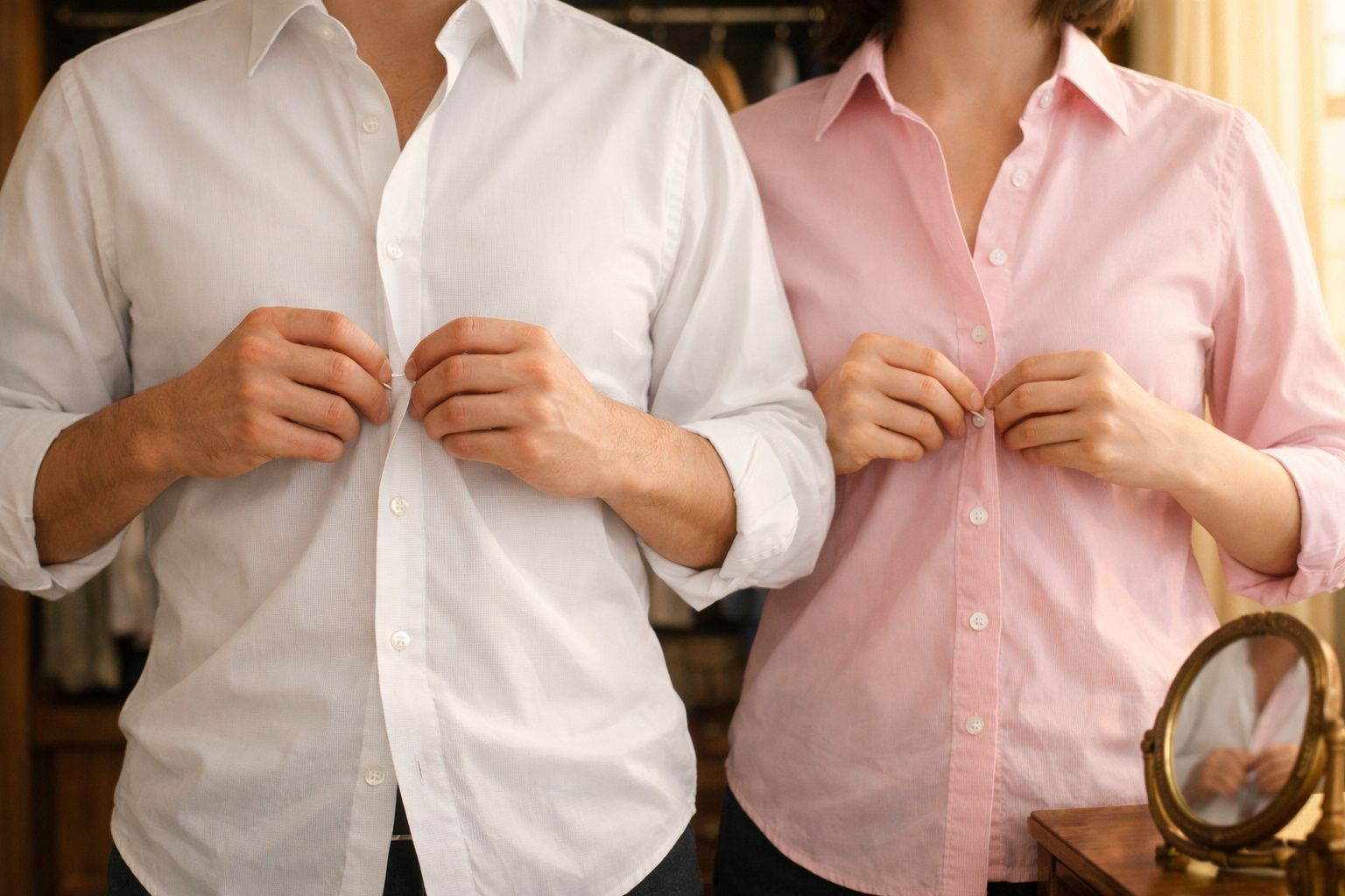 Casal vestindo camisas social, homem branca e mulher rosa, abotoando as camisas em frente ao espelho.