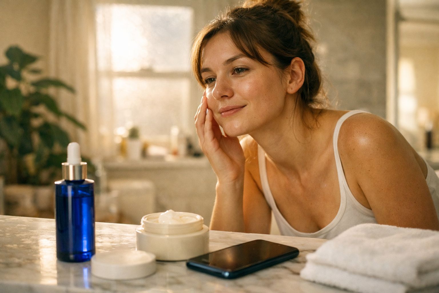 Mulher sorrindo aplicando creme no rosto em banheiro com frascos de cosméticos e toalha branca.