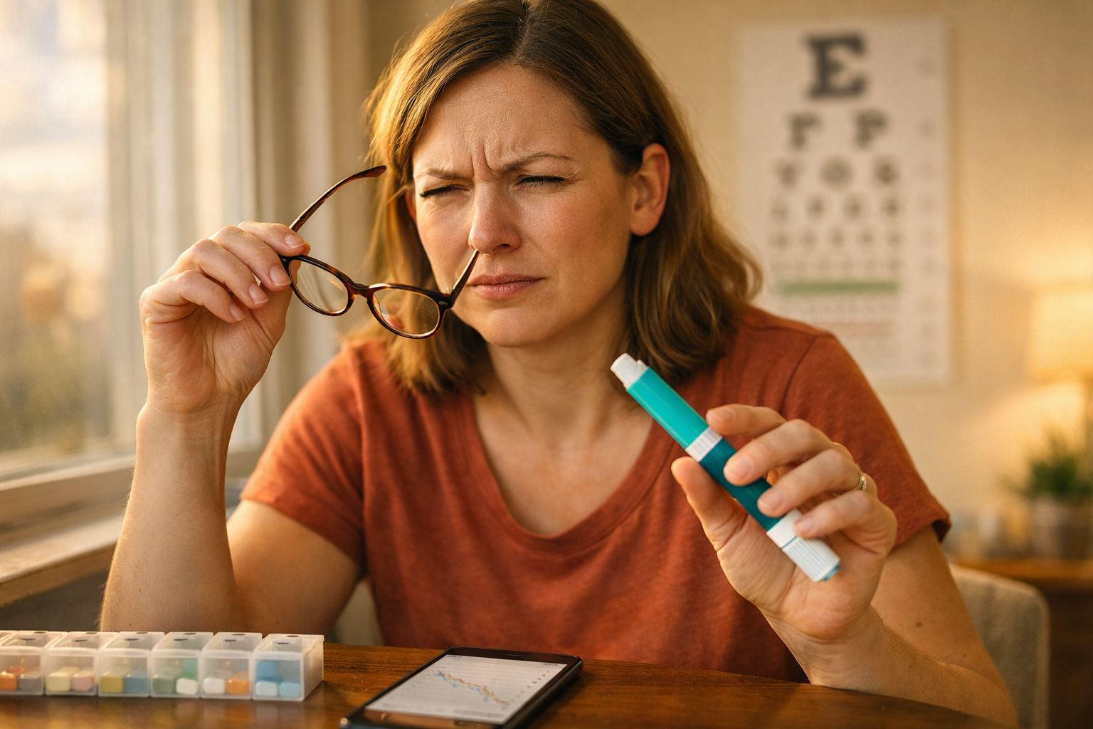 Mulher de óculos na mão, com expressão de cansaço ocular, segurando um aparelho para pressão nos olhos.