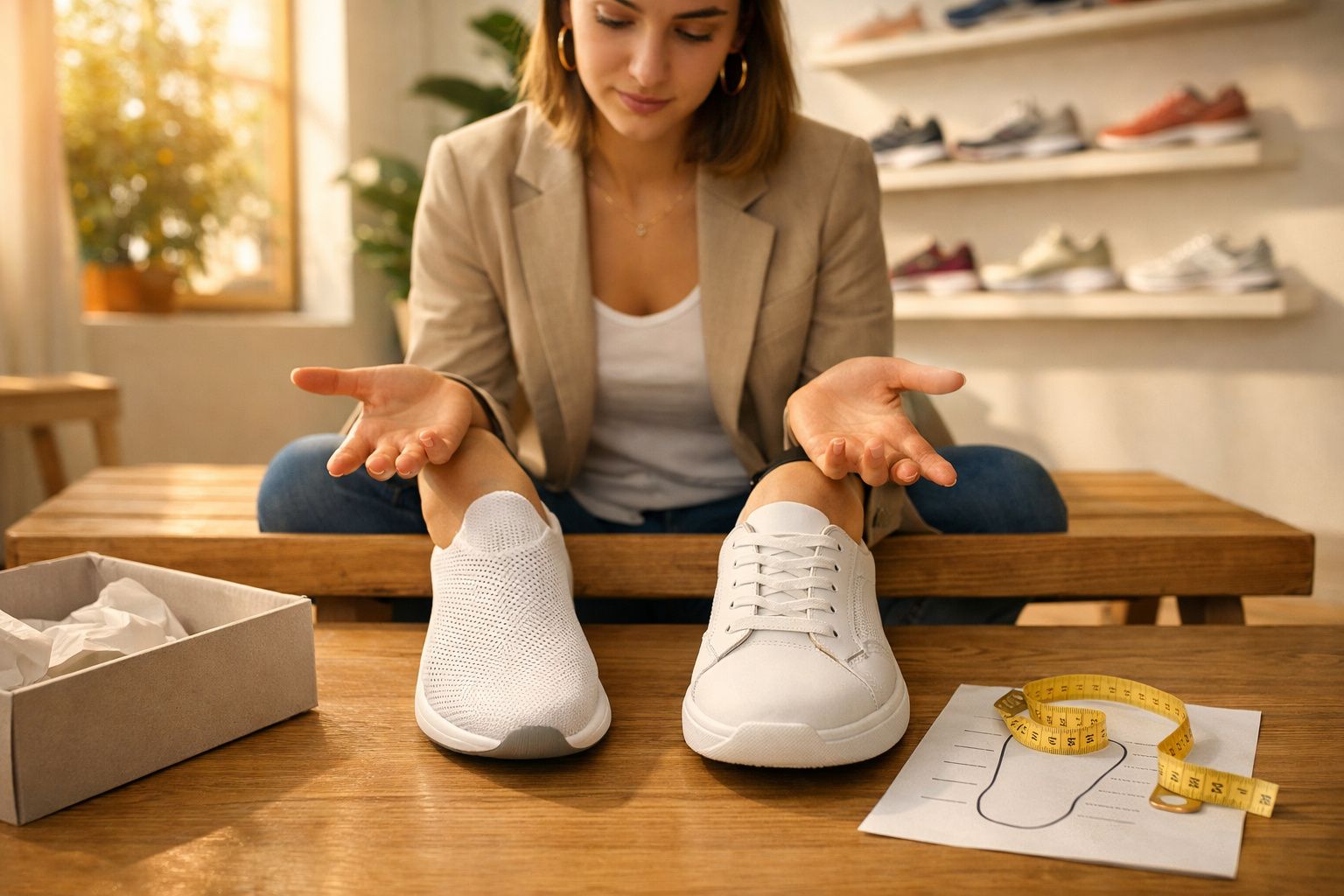 Mulher comparando dois tênis brancos diferentes sentada em uma mesa de madeira em loja.