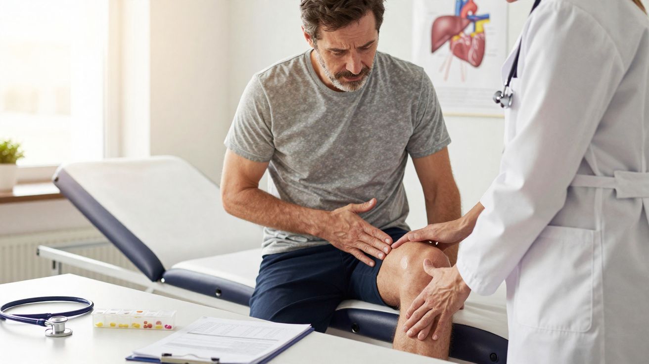 Homem sentado em consultório médico recebe exame no joelho de profissional de saúde.