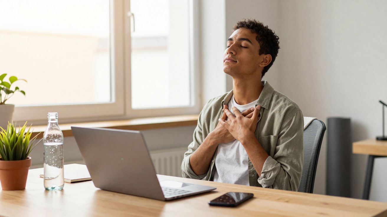 Homem sentado em mesa com laptop fechando os olhos e mãos no peito respirando profundamente.