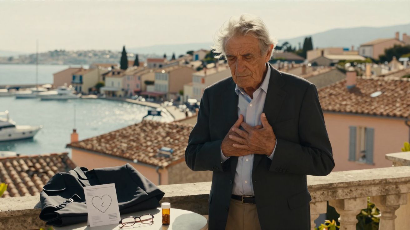 Homem idoso de terno com mãos no peito em sacada com vista para casas e mar ao fundo.