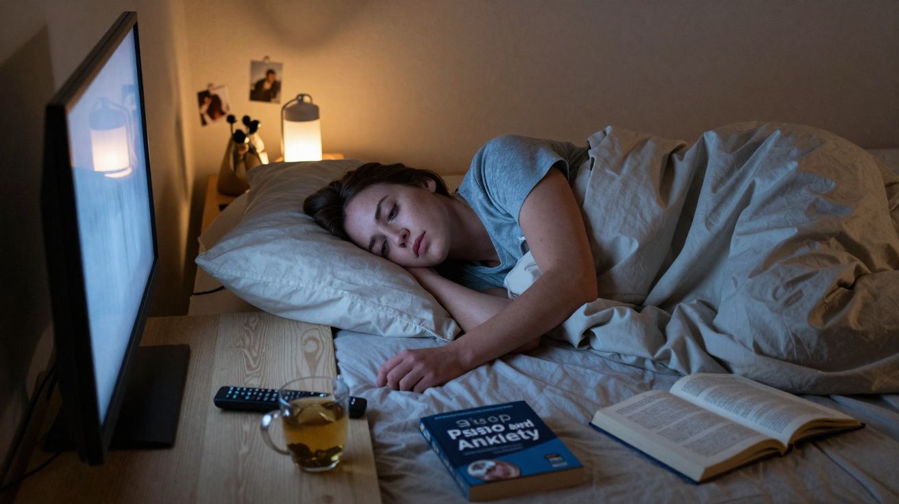 Mulher deitada na cama à noite, com livro e chá na mesa, assistindo TV desligada no quarto escuro.