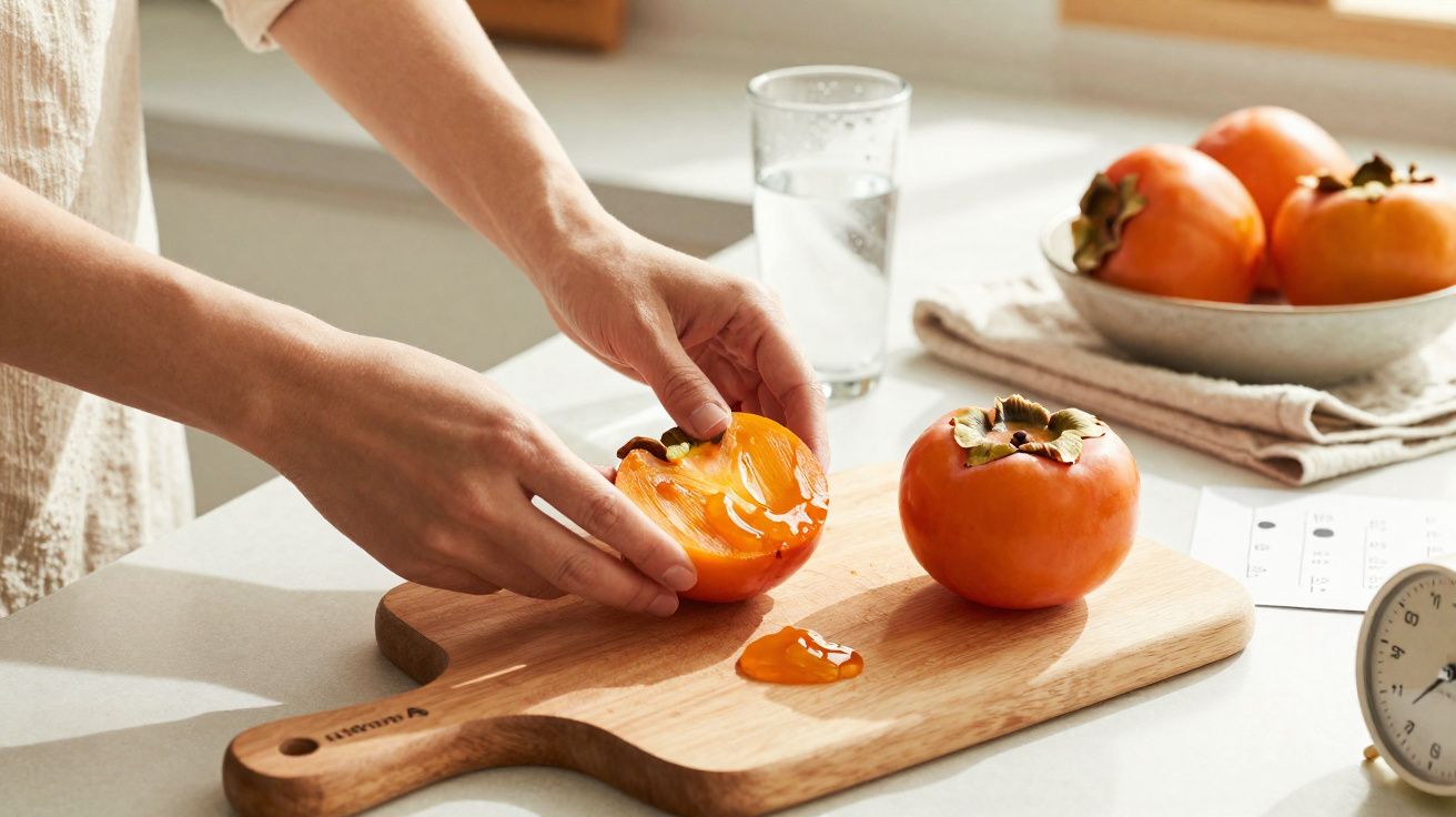Mãos seguram caqui cortado ao meio sobre tábua de madeira em cozinha com copo de água ao fundo.