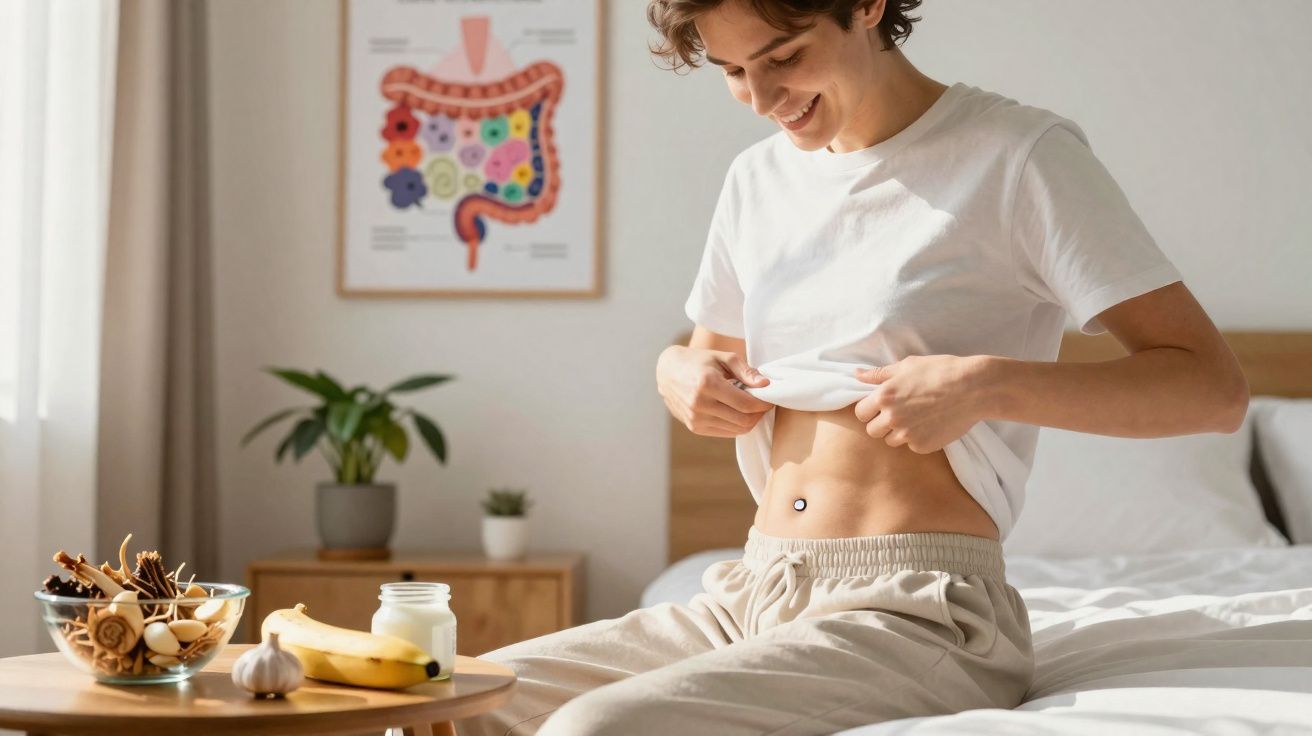 Pessoa sorrindo mostrando a barriga sentada na cama com frutas e iogurte na mesa ao lado.