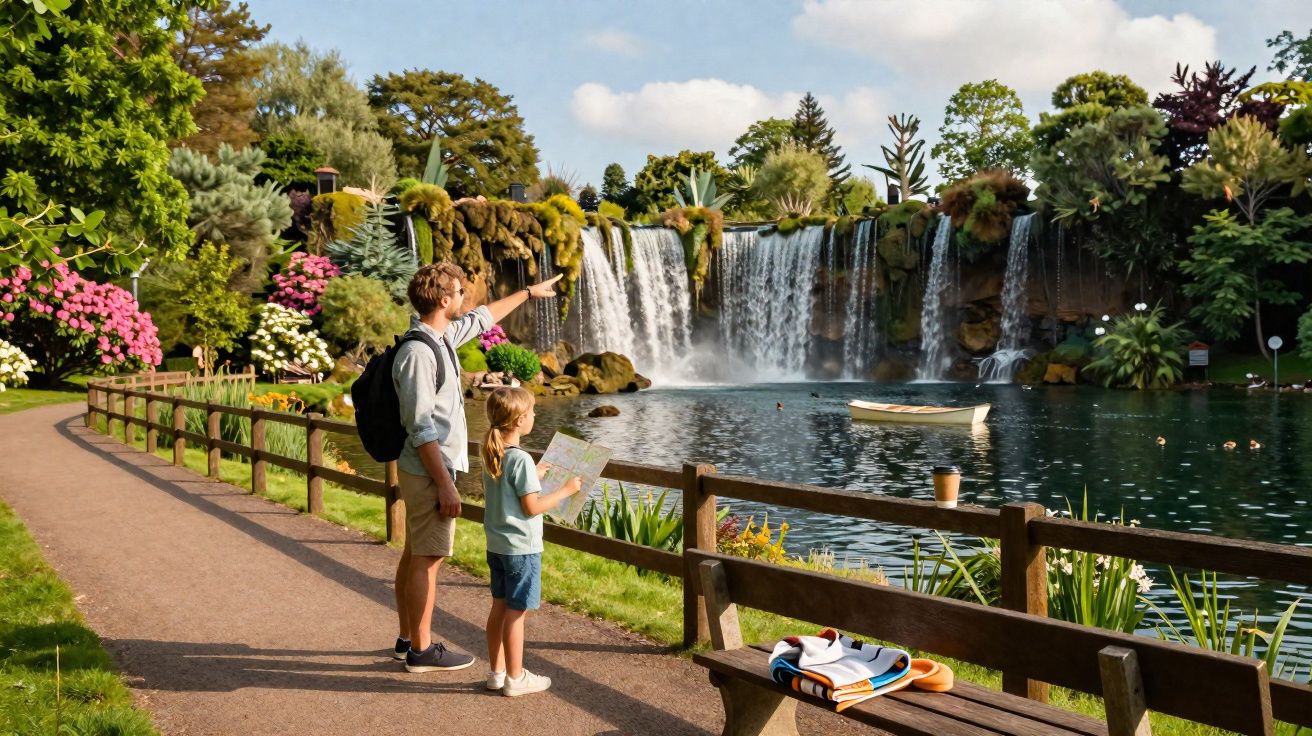 Homem e criança observam cachoeira em parque com lago, plantas e banco de madeira ao lado da trilha.