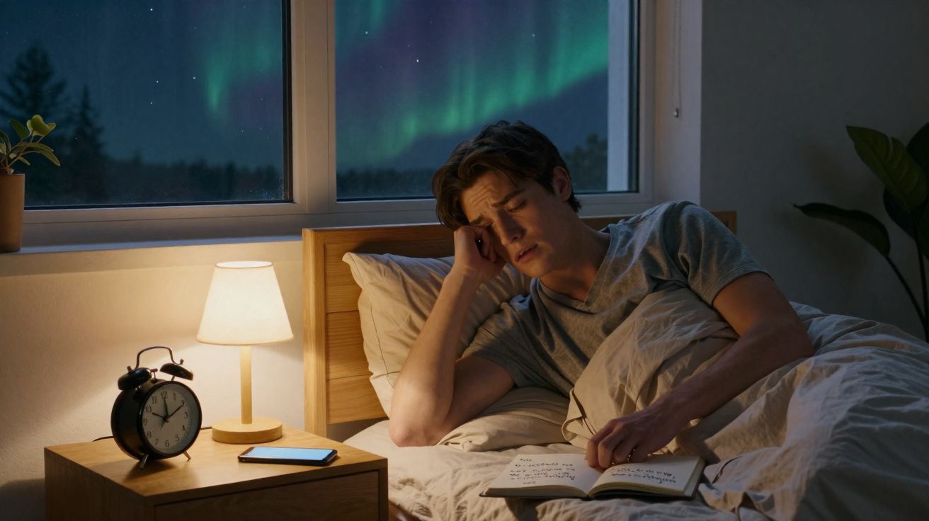 Homem deitado na cama lendo livro, com aurora boreal visível pela janela ao fundo durante a noite.