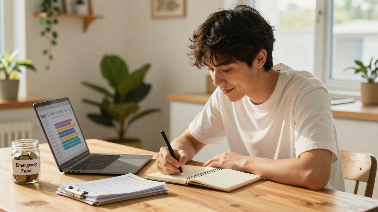 Jovem concentrado escrevendo em caderno, com notebook aberto e pote rotulado como fundo de emergência.