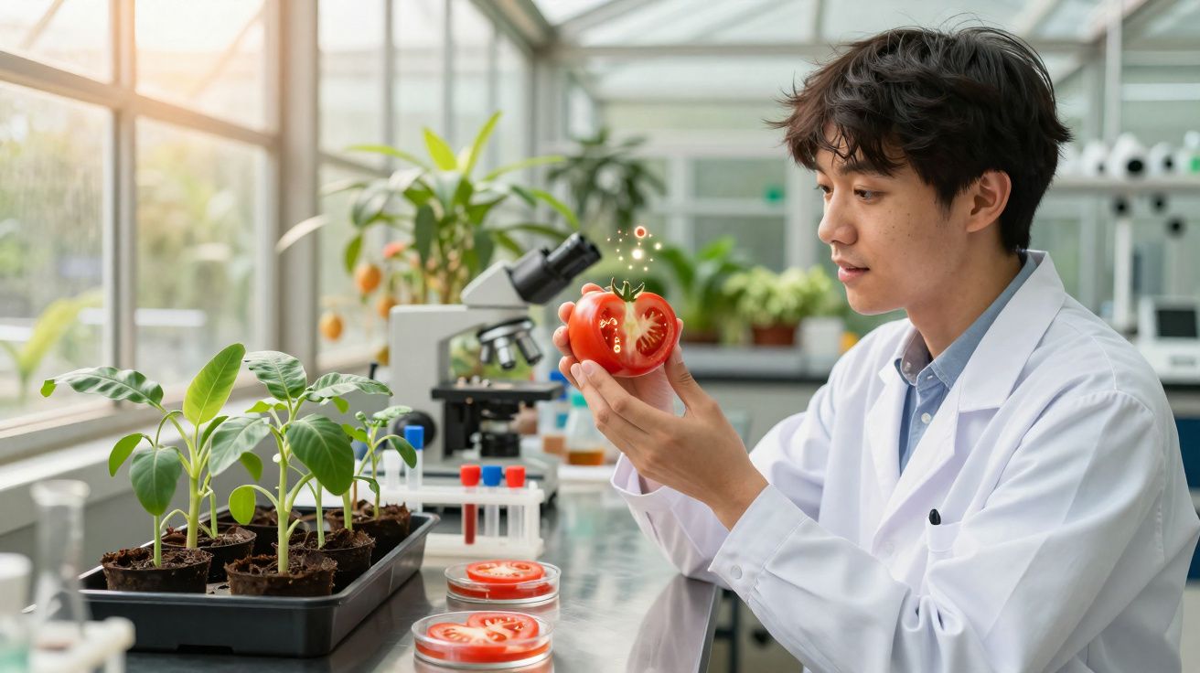 Jovem cientista em laboratório analisando tomate partido, com plantas e microscópio ao fundo.