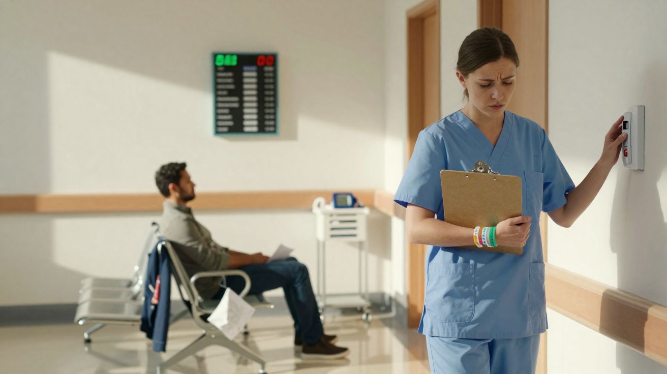 Enfermeira preocupada ajustando controle na parede e homem aguardando sentado em corredor de hospital.