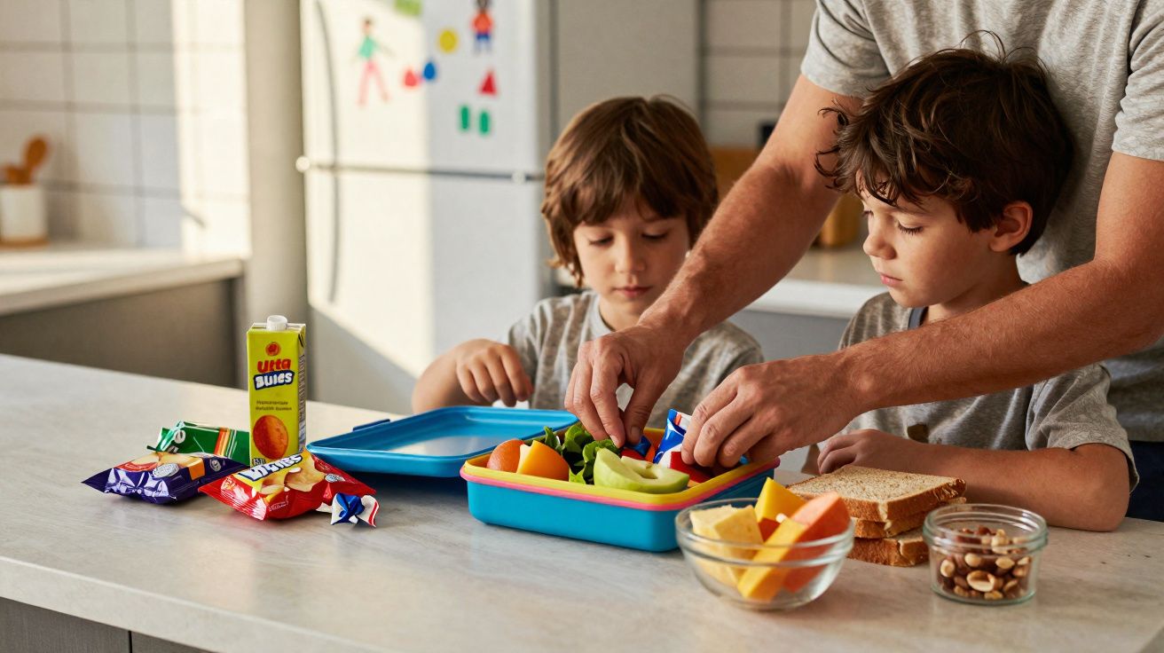 Pai preparando lancheira com frutas e sanduíche para dois meninos na cozinha.