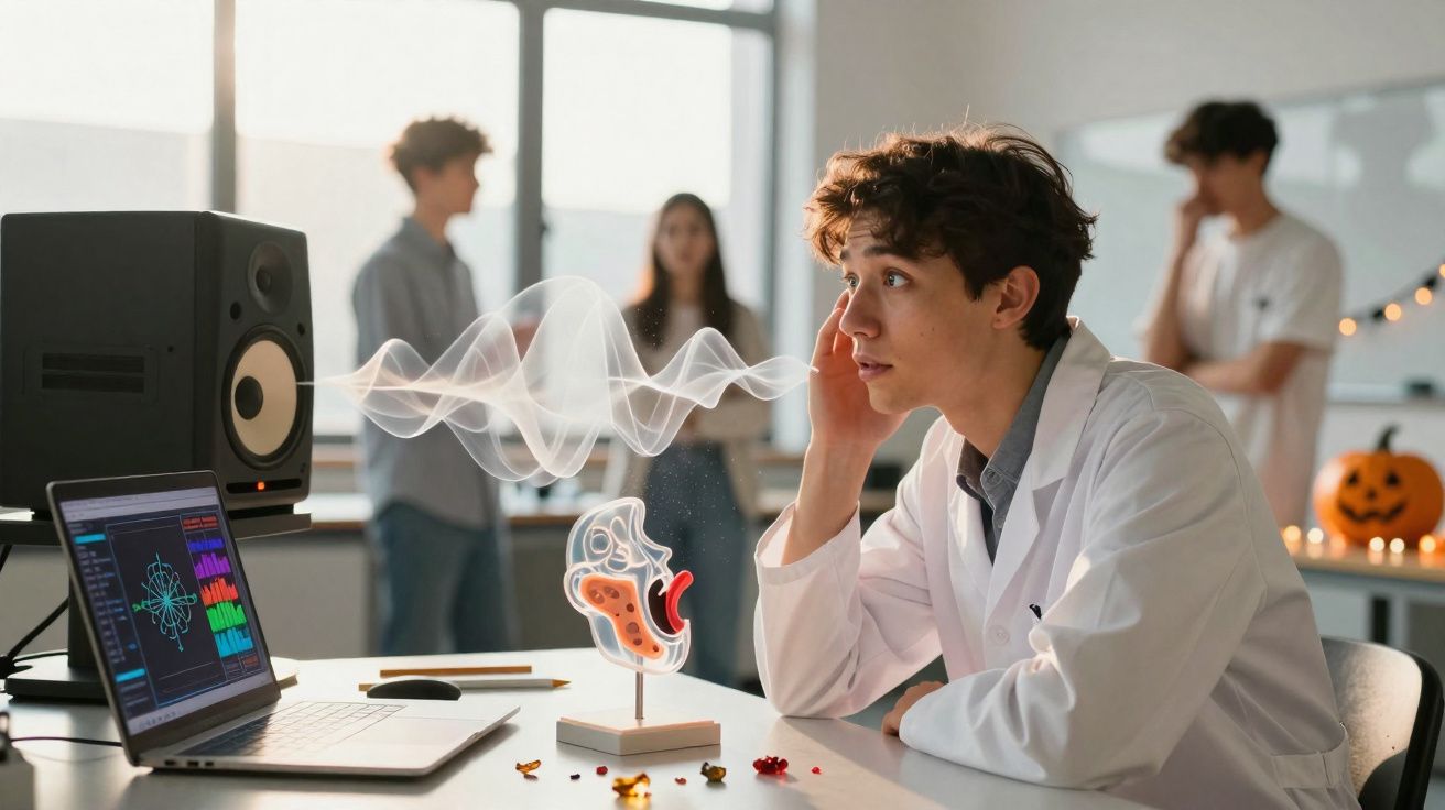Jovem cientista com jaleco observa modelo de ouvido e ondas sonoras em laboratório moderno.