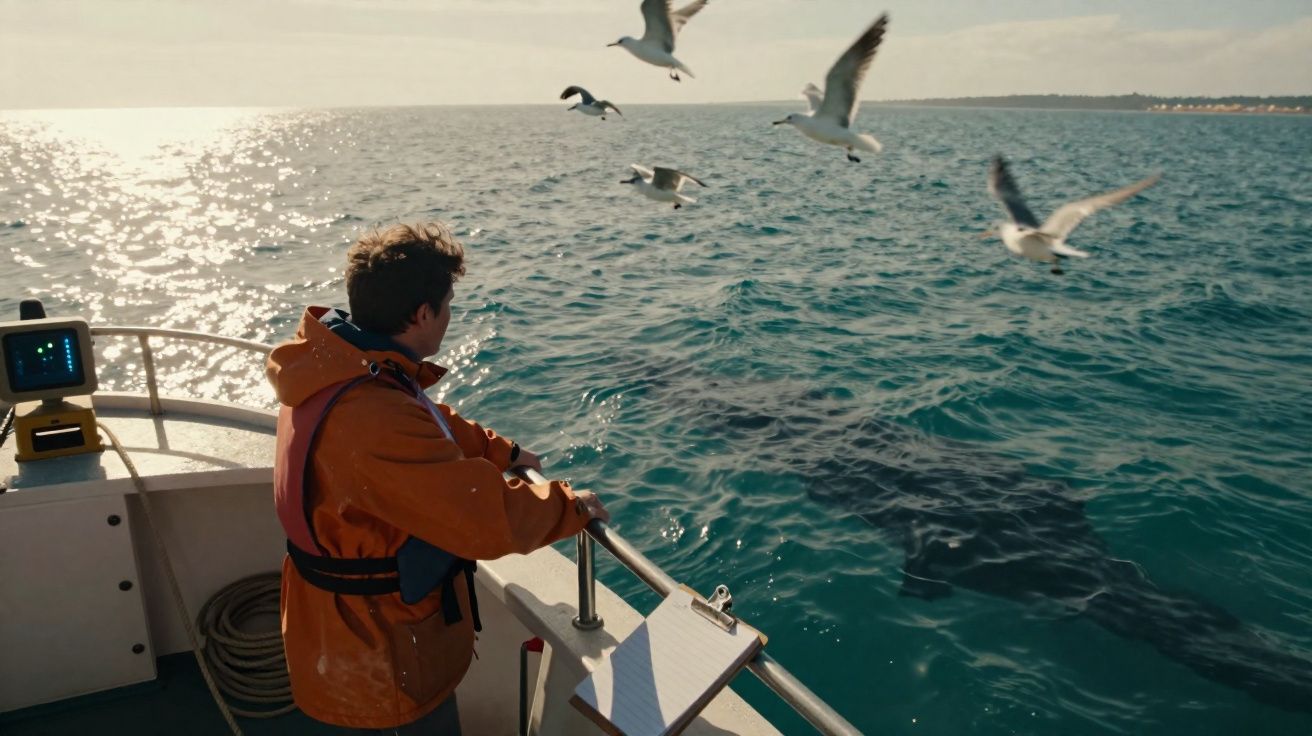 Homem em barco observa arraia gigante nadando próxima à superfície, com gaivotas voando acima do mar.