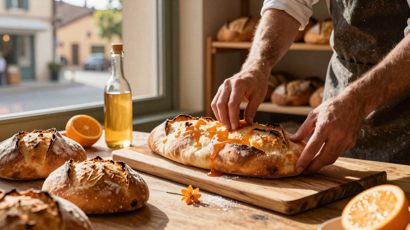 Pessoa decorando pão artesanal com calda laranja em tábua de madeira em padaria iluminada pelo sol.