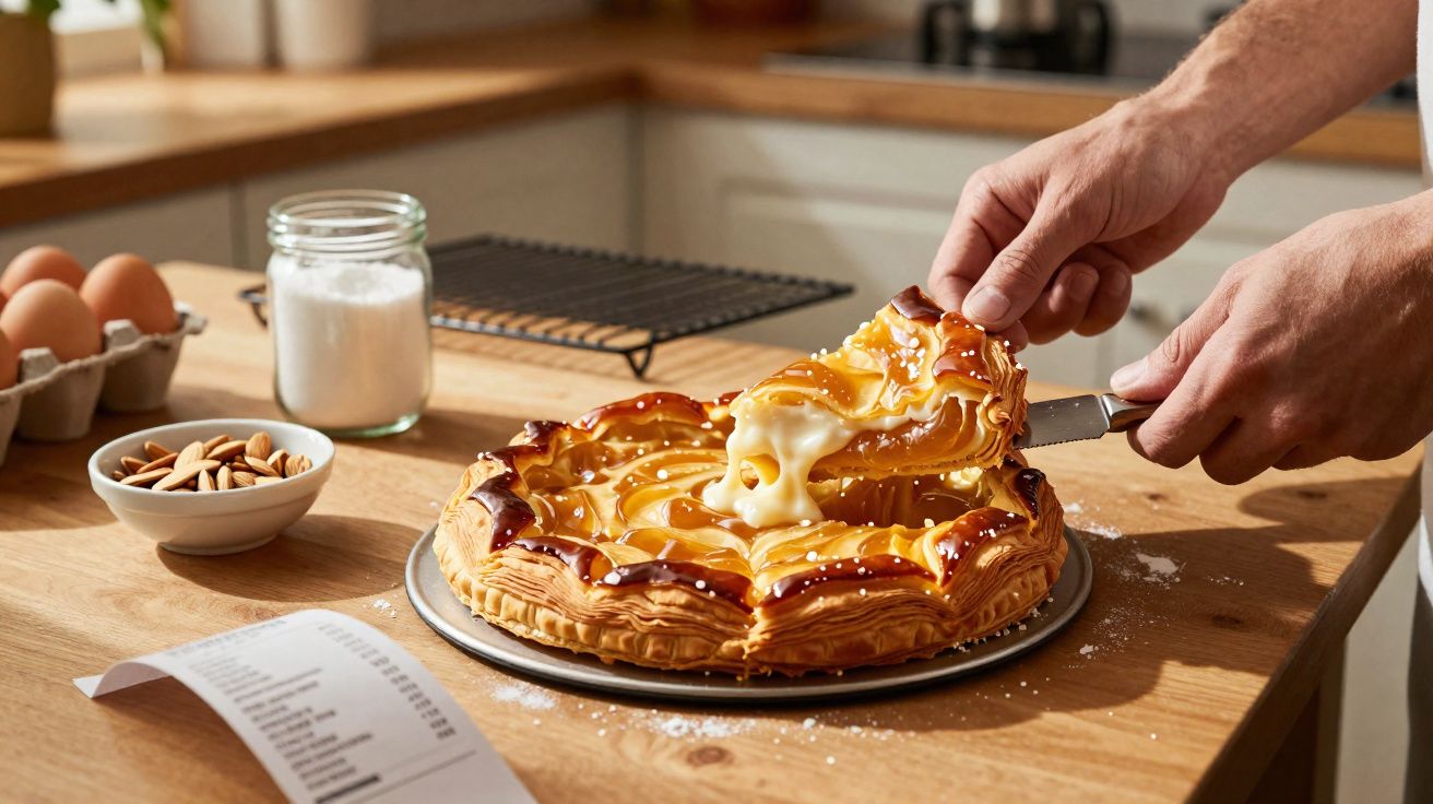 Pessoa cortando torta folhada recheada cremosa sobre mesa de madeira na cozinha.