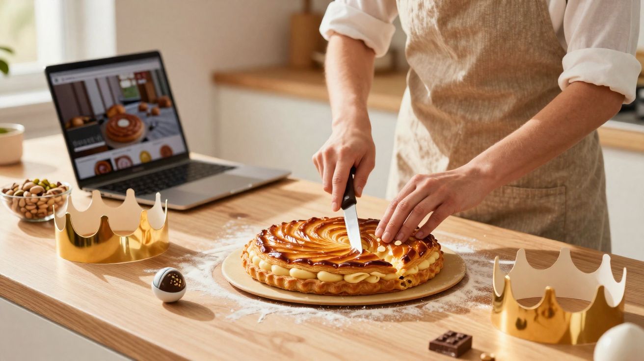 Pessoa cortando torta sobre bancada de madeira com coroas douradas, laptop e bowls de nozes ao fundo.