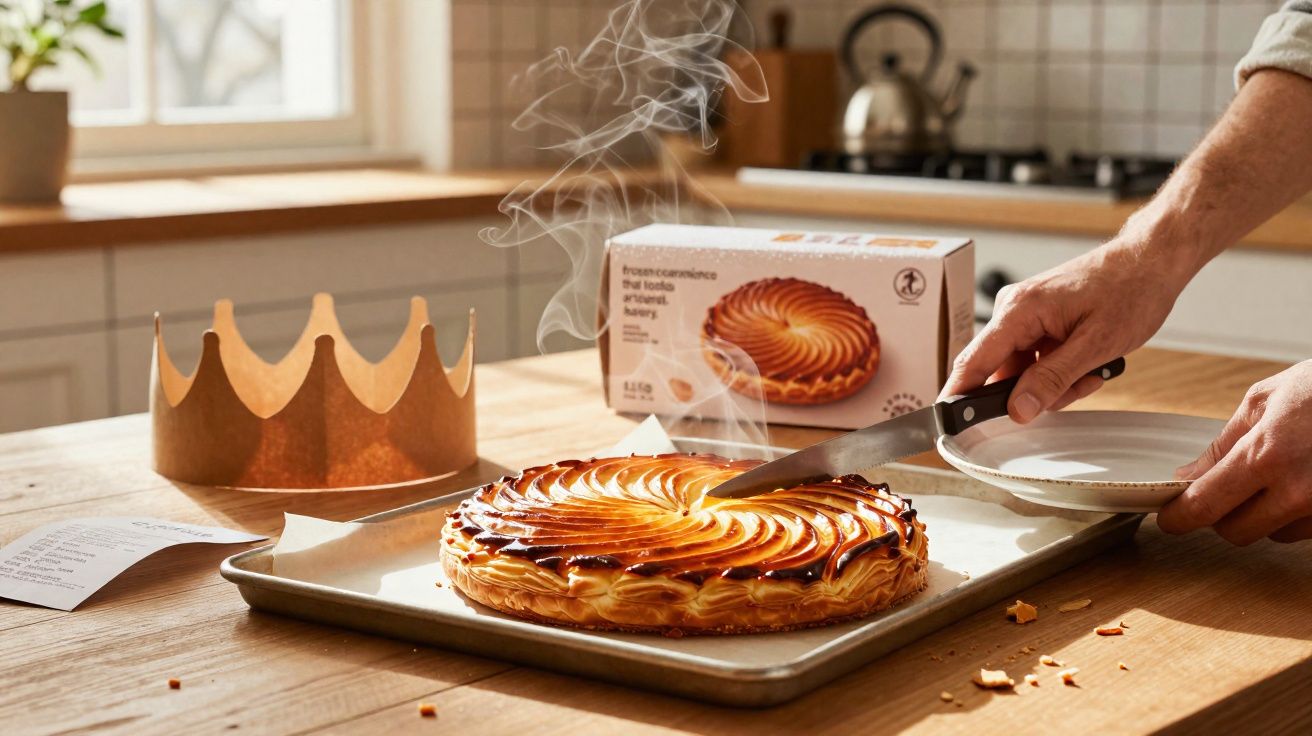 Pessoa cortando torta folhada quente em forno com coroa de papel ao lado sobre mesa de madeira.