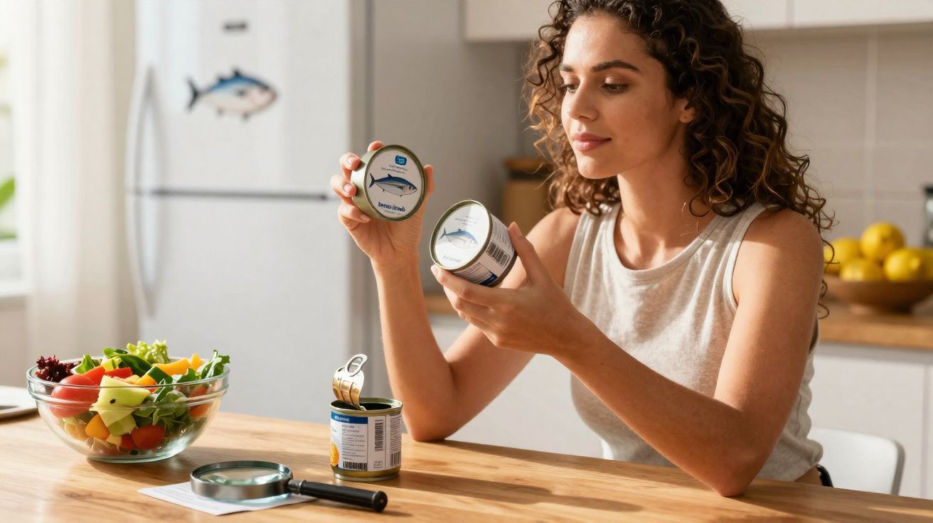 Mulher lendo rótulo de lata de atum na cozinha, com salada em tigela de vidro na mesa.