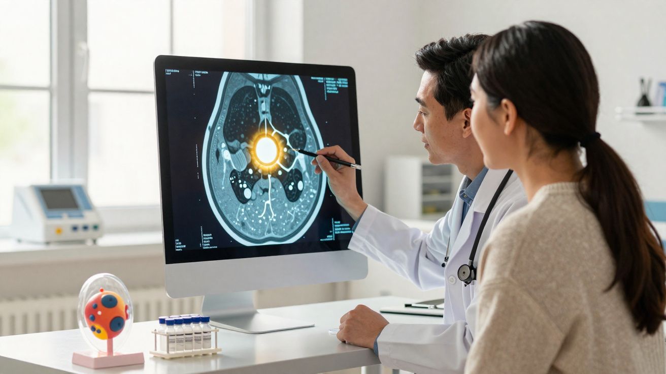 Médico analisando exame de tomografia com paciente em consultório médico moderno.