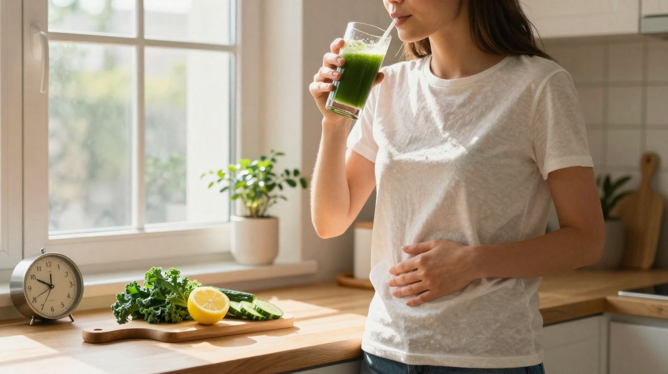 Mulher segurando a barriga e bebendo suco verde em copa com legumes e relógio ao lado.