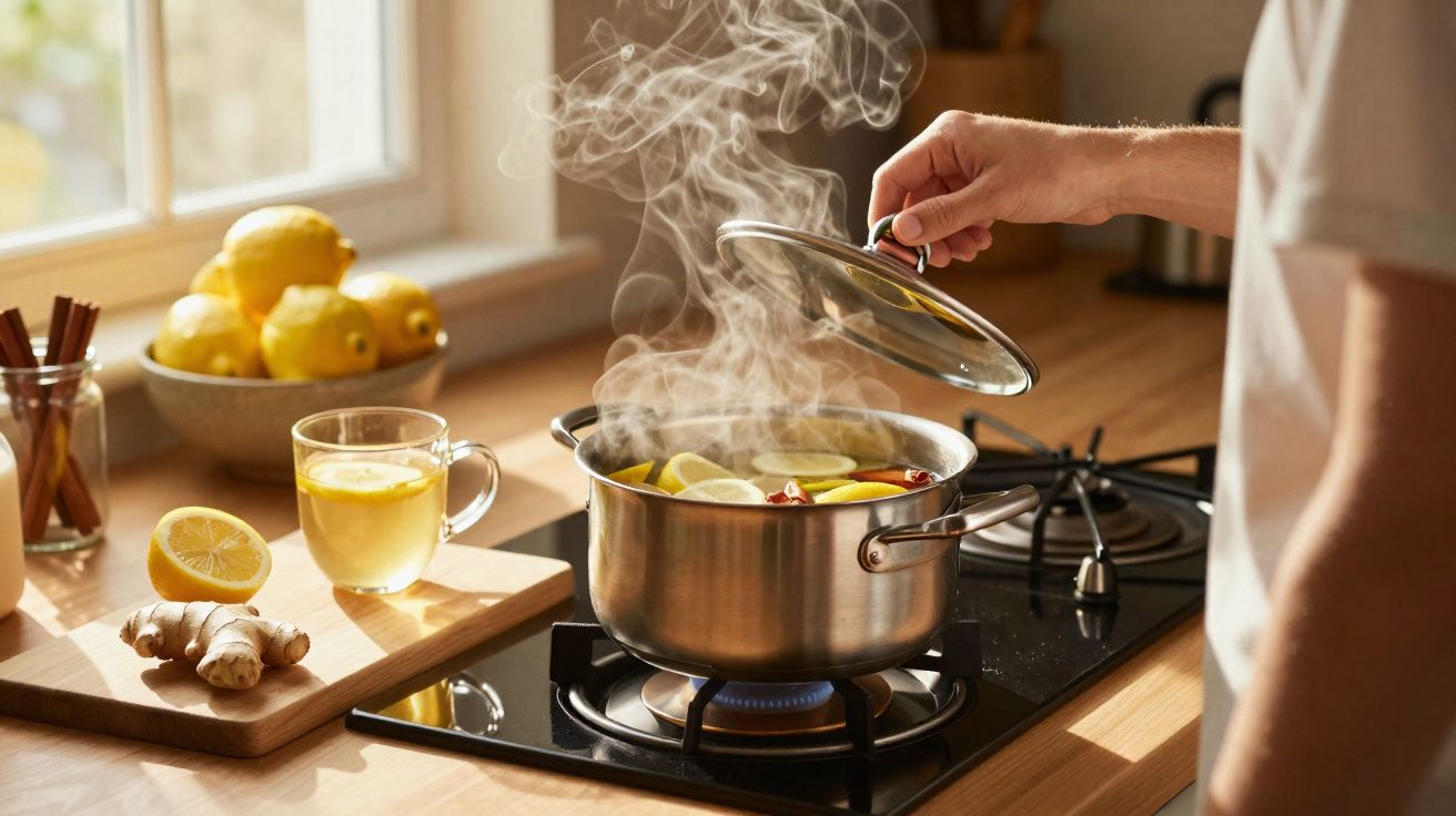 Pote com chá de limão e gengibre fervendo em fogão, mão retirando tampa, mesa com limões e gengibre.