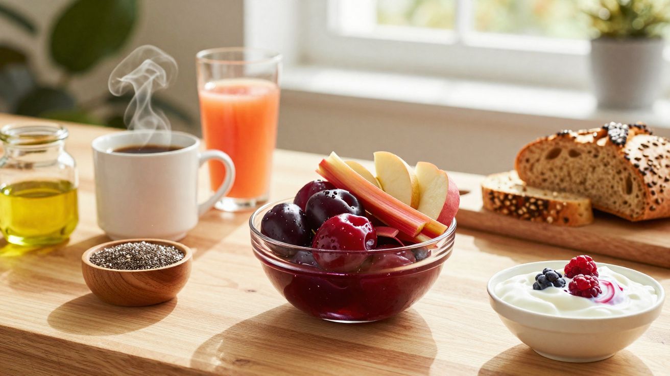 Mesa com café fumegante, suco, frutas, iogurte com frutas vermelhas, pão e sementes em ambiente iluminado.