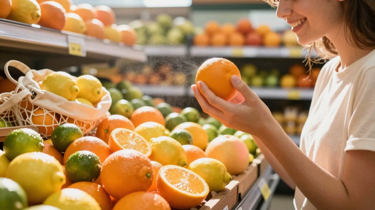 Mulher sorrindo segura uma laranja em mercado com várias frutas cítricas expostas.