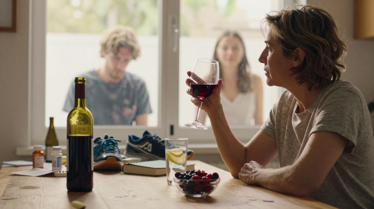 Mulher sentada à mesa com taça de vinho, enquanto duas pessoas observam por uma janela ao fundo.