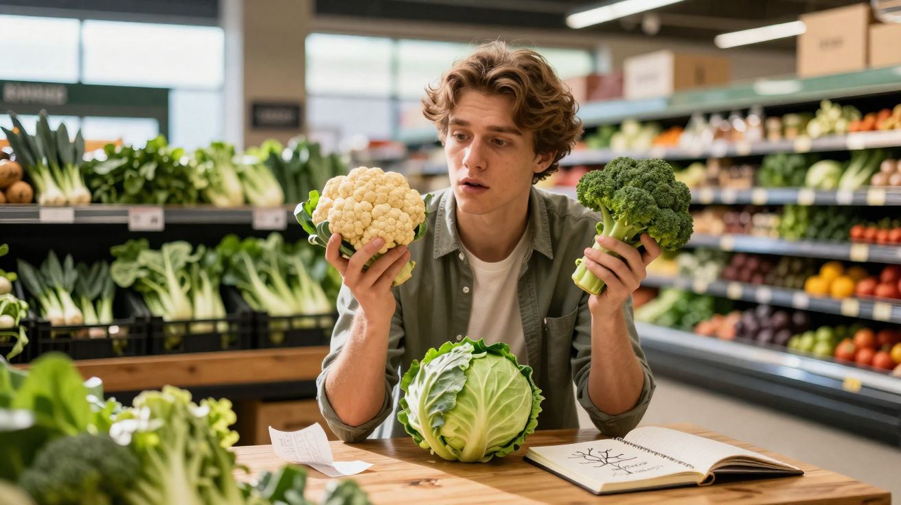 Jovem em mercado segurando brócolis e couve-flor, com repolho e caderno à sua frente.