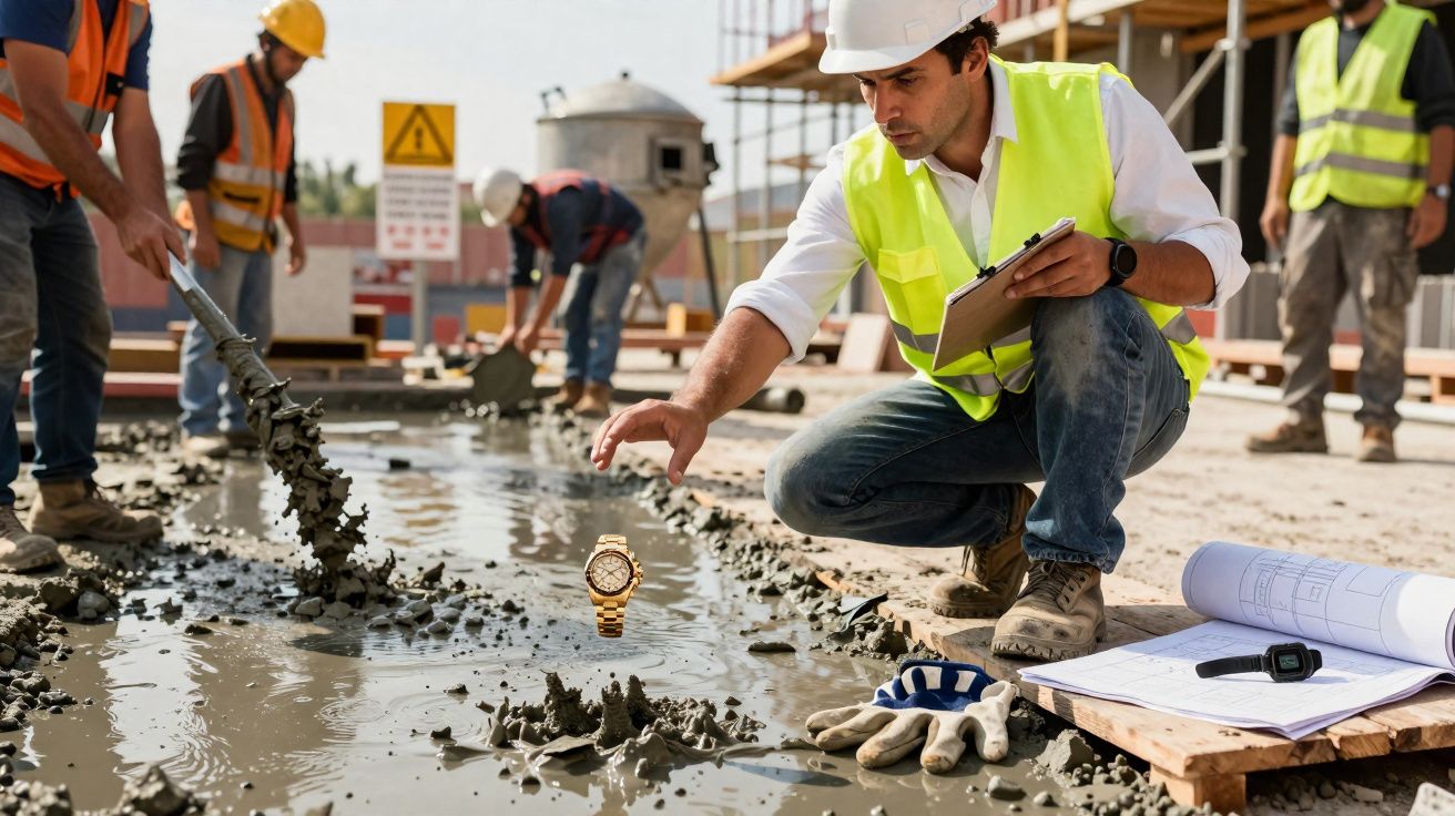 Engenheiro com colete e capacete analisa relógio preso em concreto fresco em obra de construção civil.