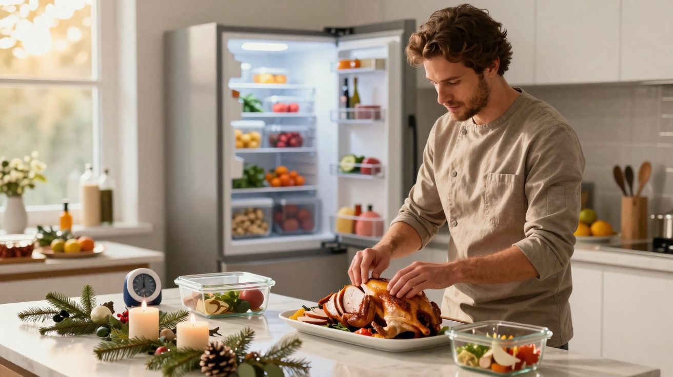 Homem preparando peru assado na cozinha decorada com velas e enfeites natalinos.