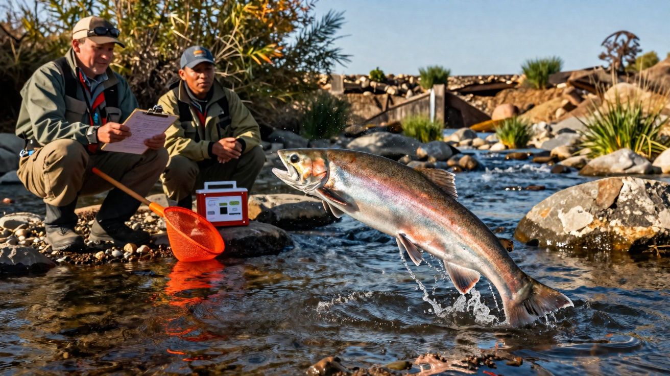 Dois pescadores observam um salmão saltando em riacho com pedras e vegetação ao redor.
