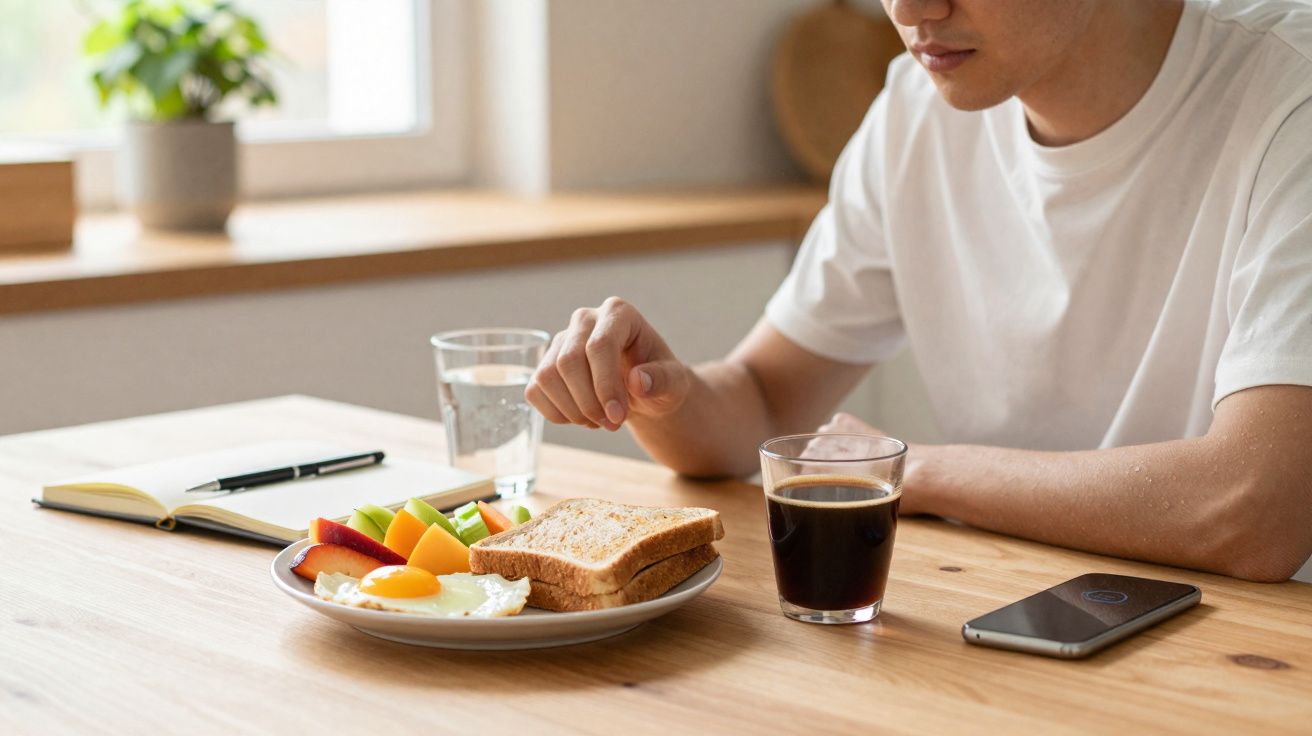 Pessoa vestindo camiseta branca sentada à mesa com café, torradas, ovo frito e frutas, celular e notebook.