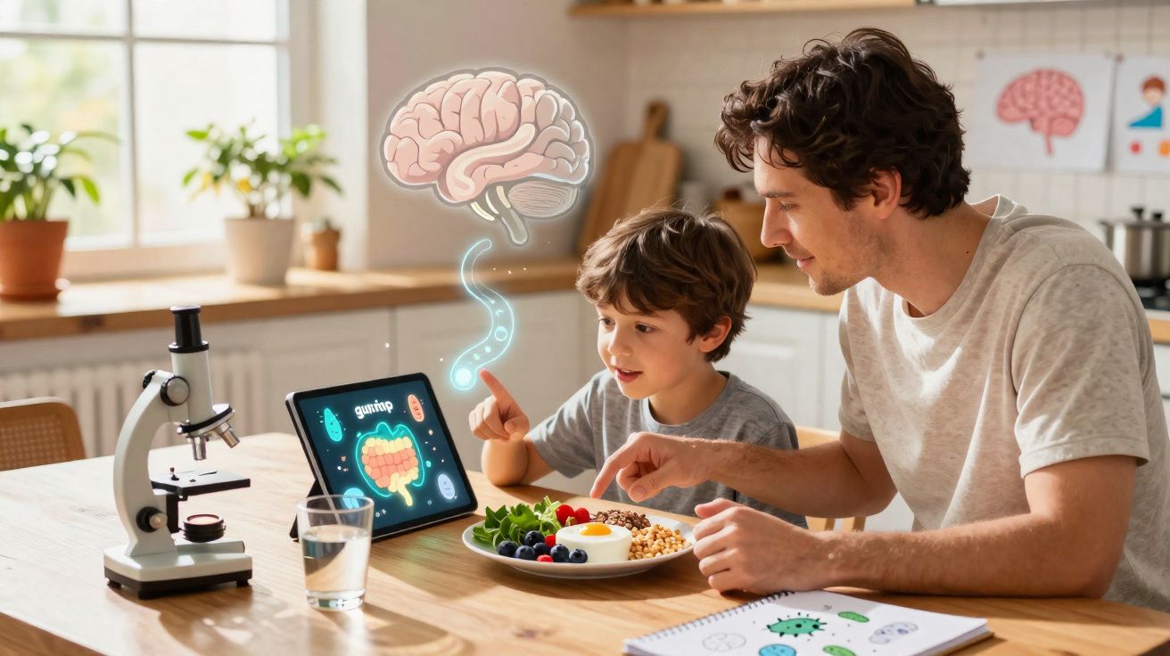 Pai e filho aprendem sobre o sistema digestivo com tablet e microscópio durante café da manhã na cozinha.