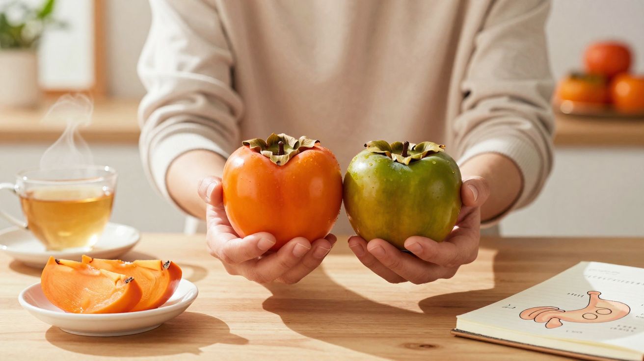 Pessoa segurando frutas caquis laranja e verde, com chá e fatias da fruta em prato sobre mesa de madeira.